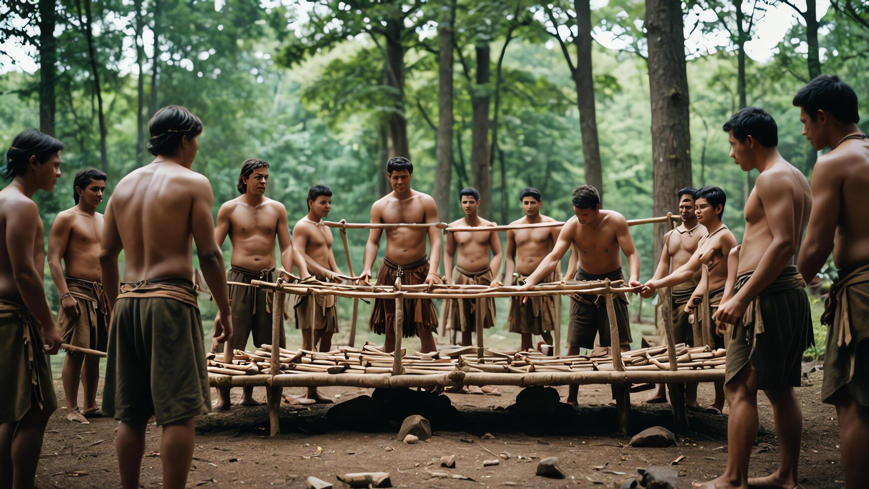a group of men standing around a wooden structure photo