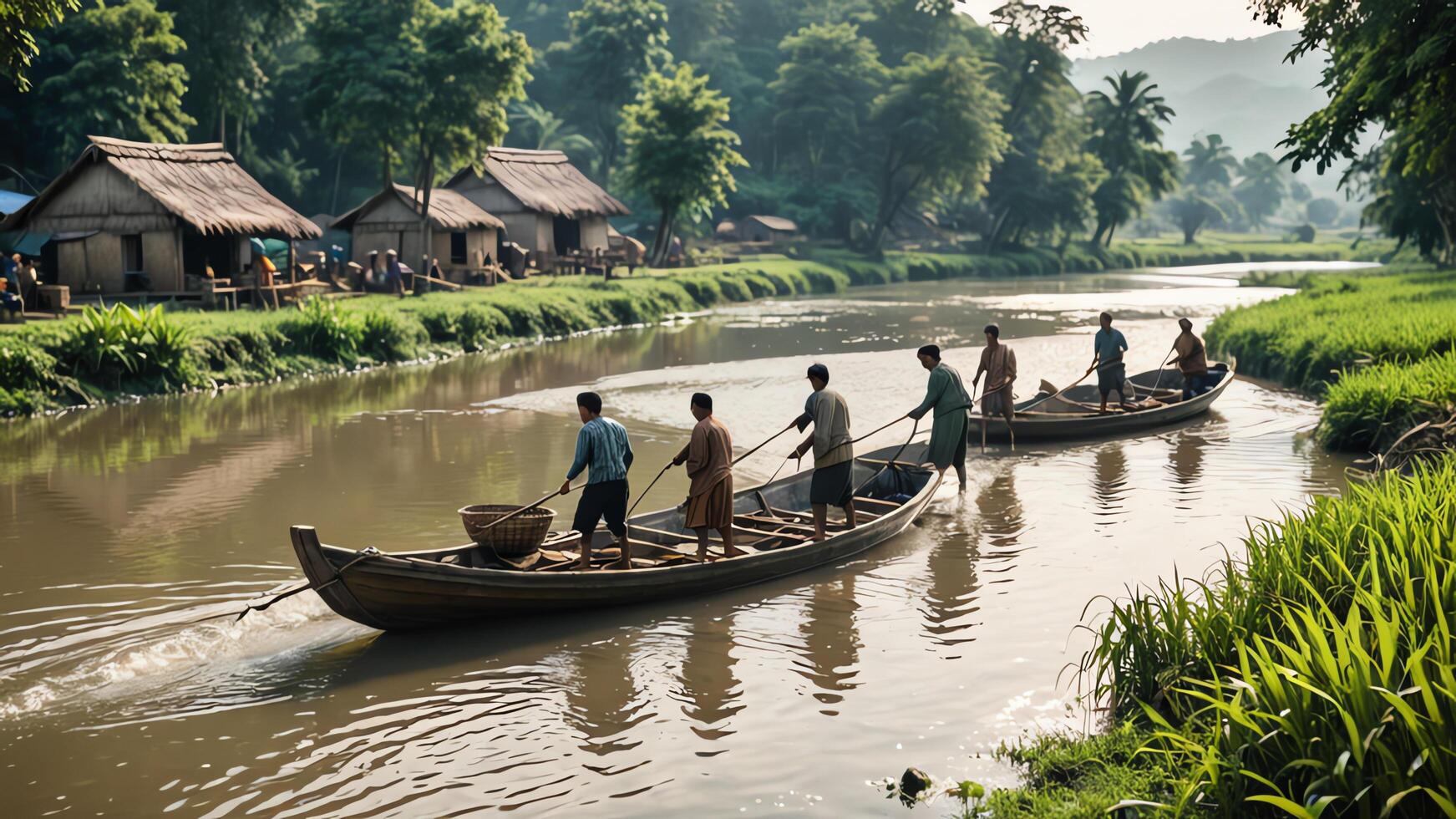 people in small boats on a river in the jungle photo