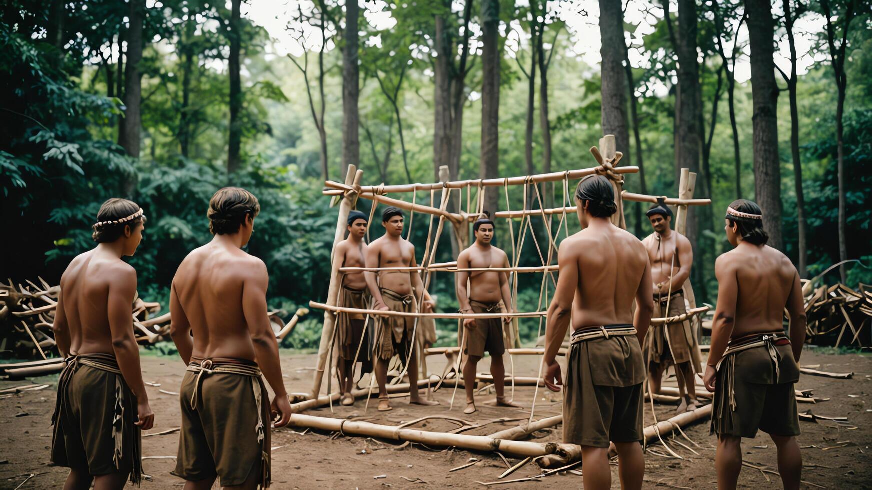 a group of men standing around a wooden structure photo