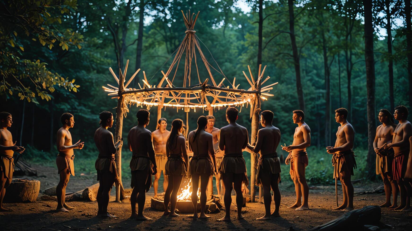 a group of men standing around a wooden structure photo