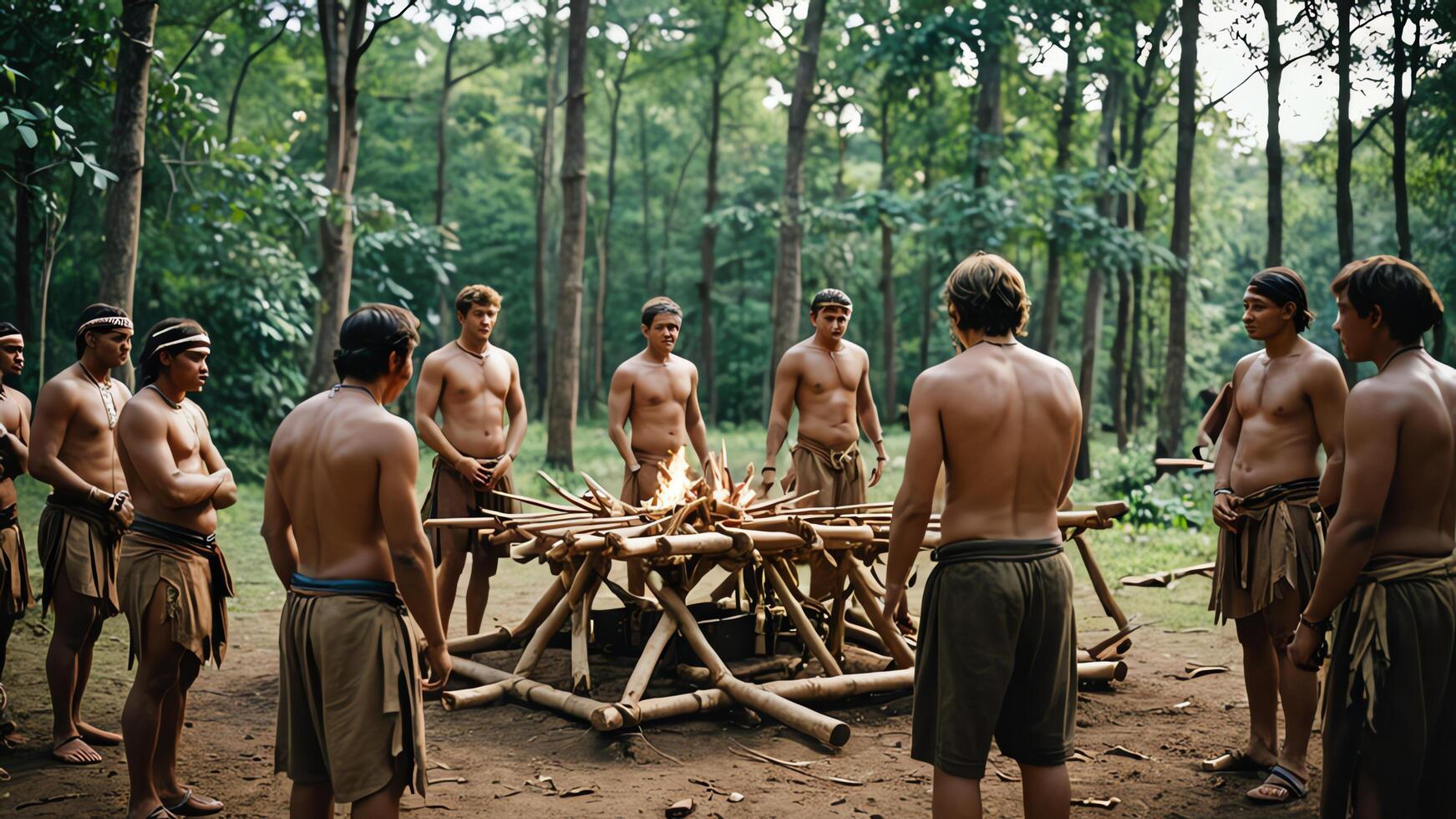 a group of men standing around a wooden structure photo