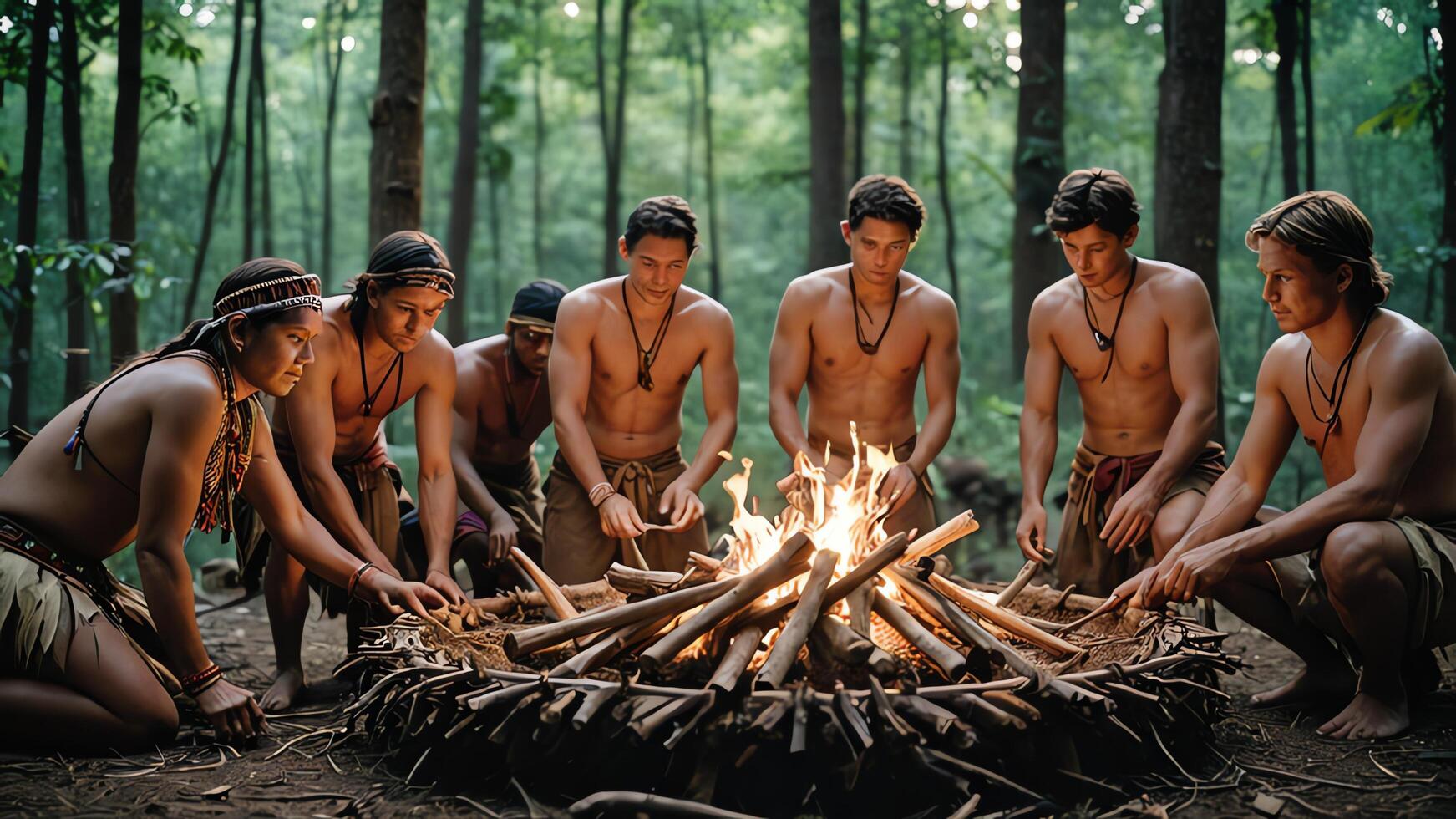 a group of men standing around a wooden structure photo