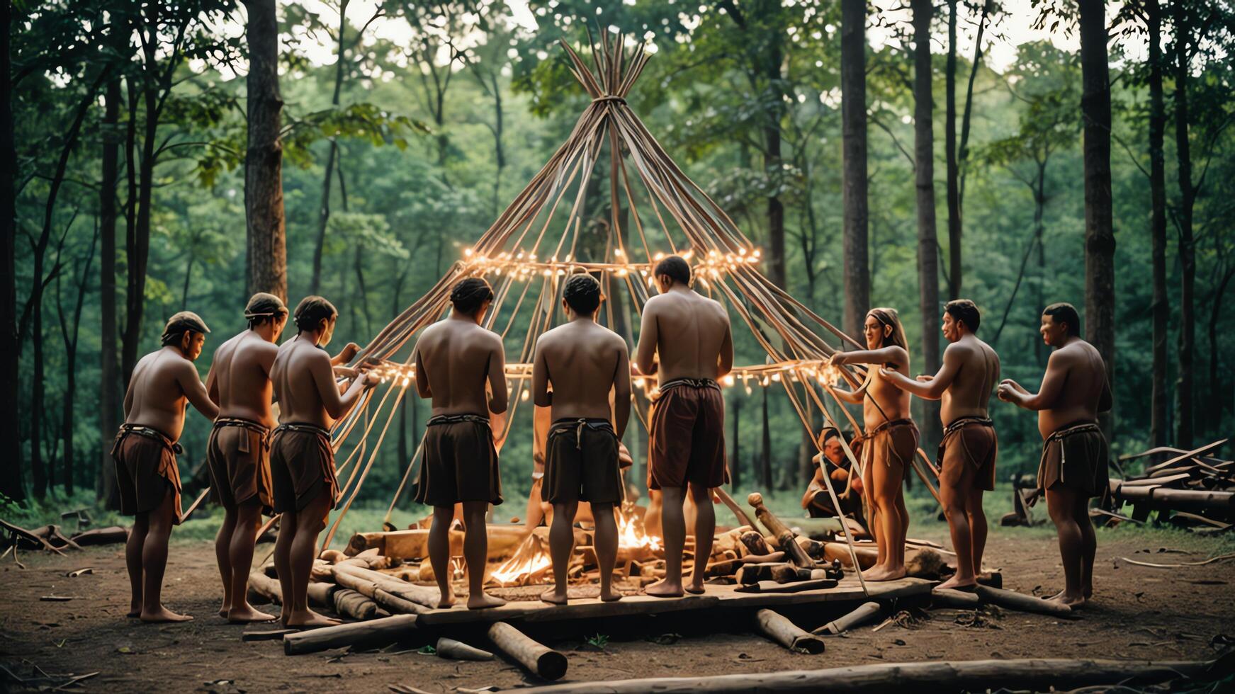 a group of men standing around a wooden structure photo