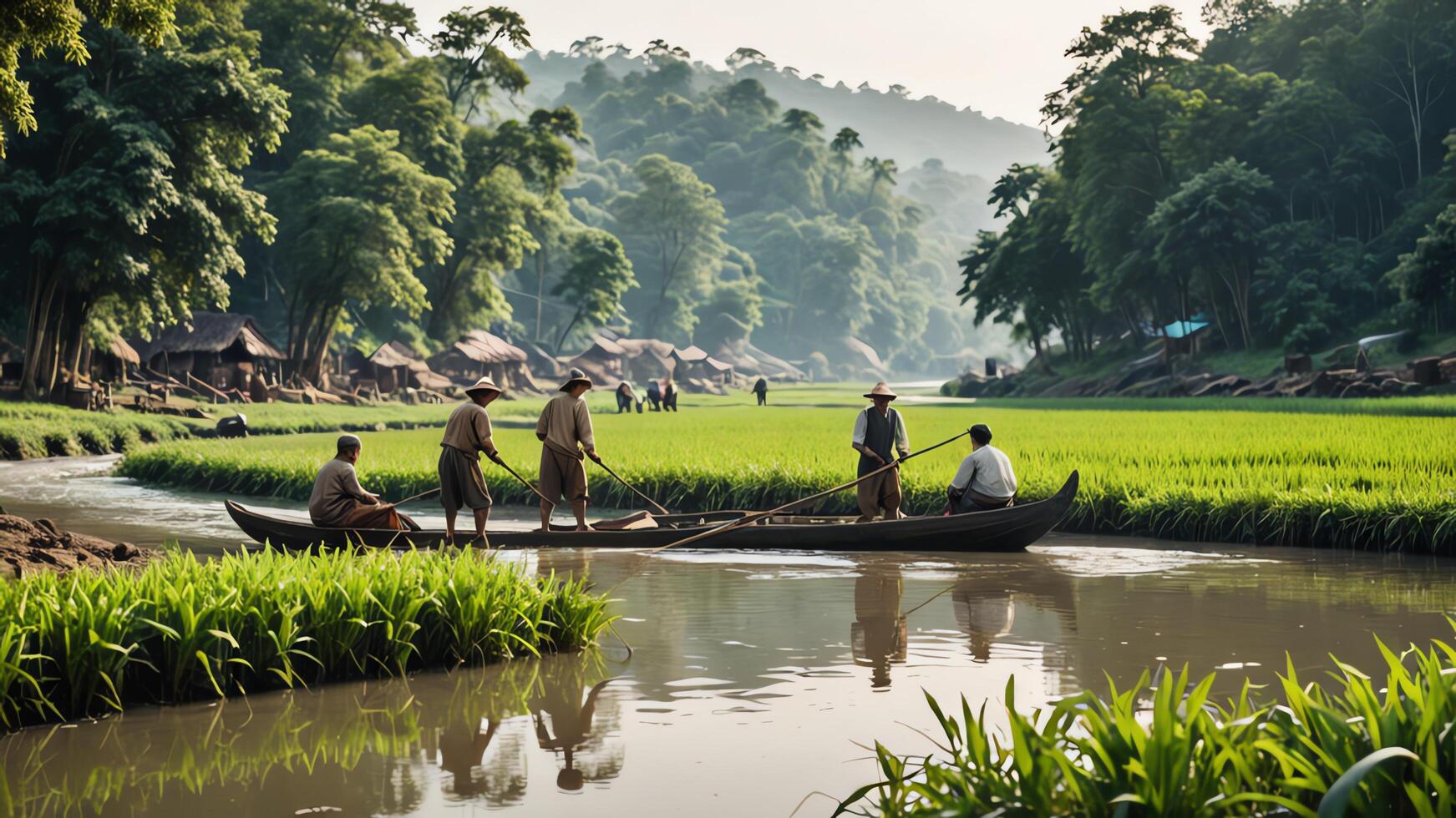 a man in a boat on a river in front of a village photo