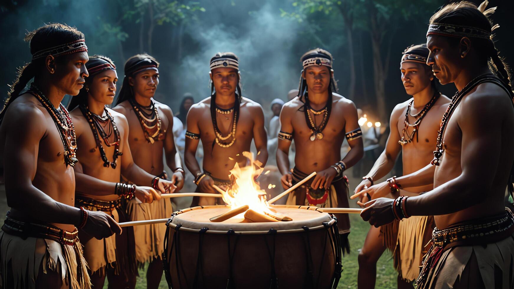 a group of men in native attire standing around a fire photo