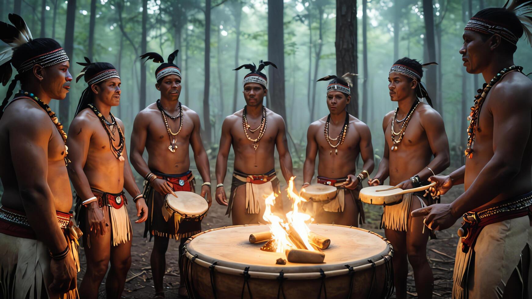 a group of men in native attire standing around a fire photo