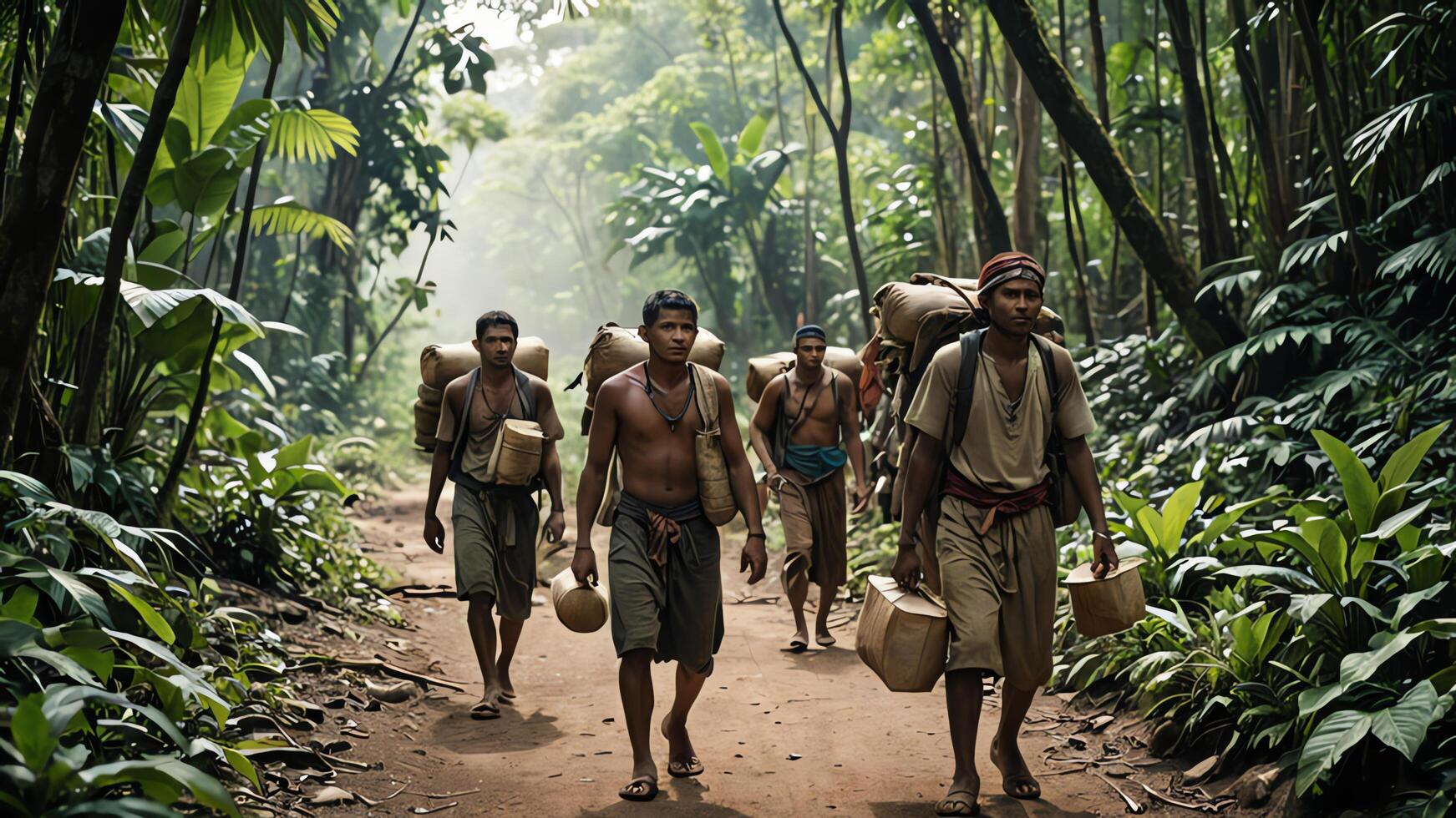 men carrying bags walk down a dirt road in the jungle photo