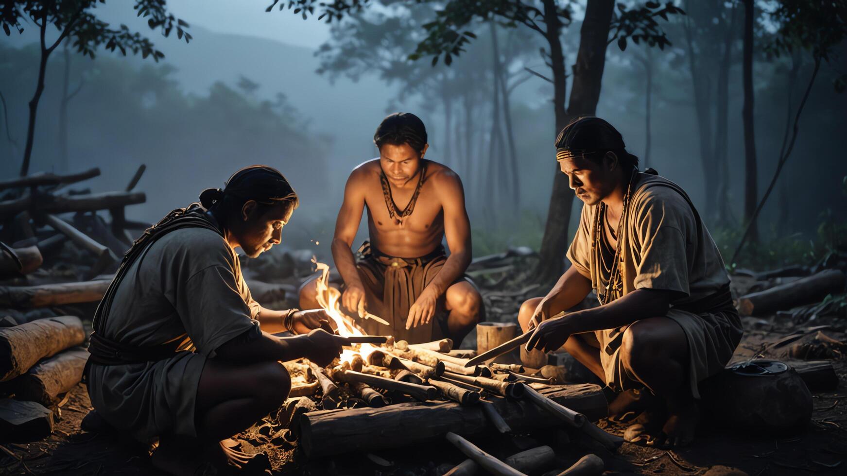 Inland tribe man is assembling something with wood and fire in the middle of the forest photo