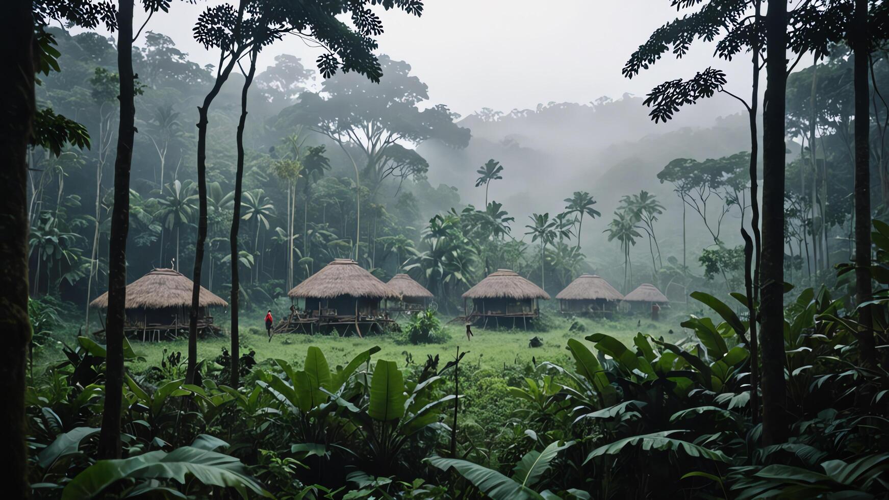 landscape of inland tribal villages in the middle of forests and mountains, misty forest views photo