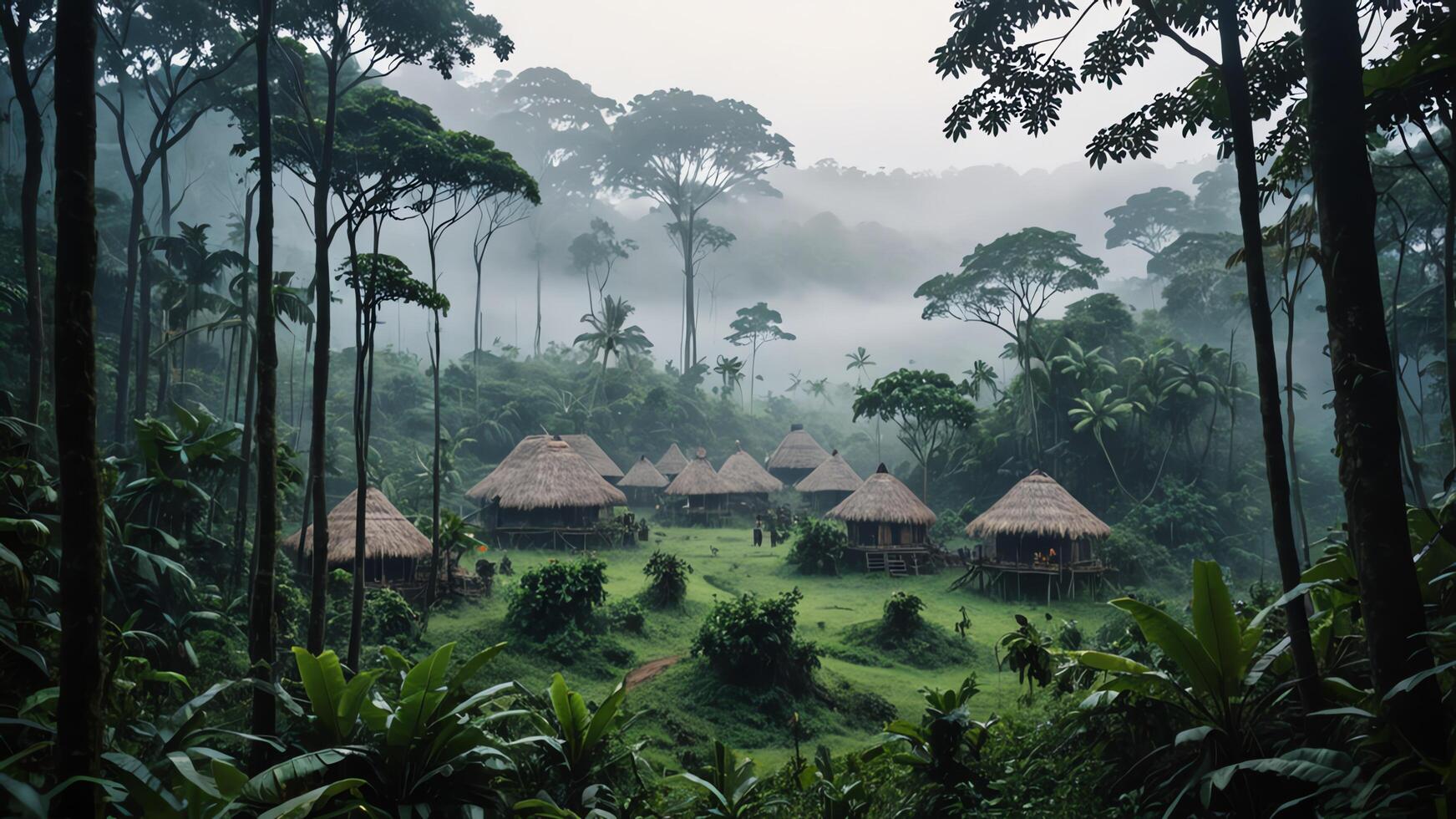 landscape of inland tribal villages in the middle of forests and mountains, misty forest views photo