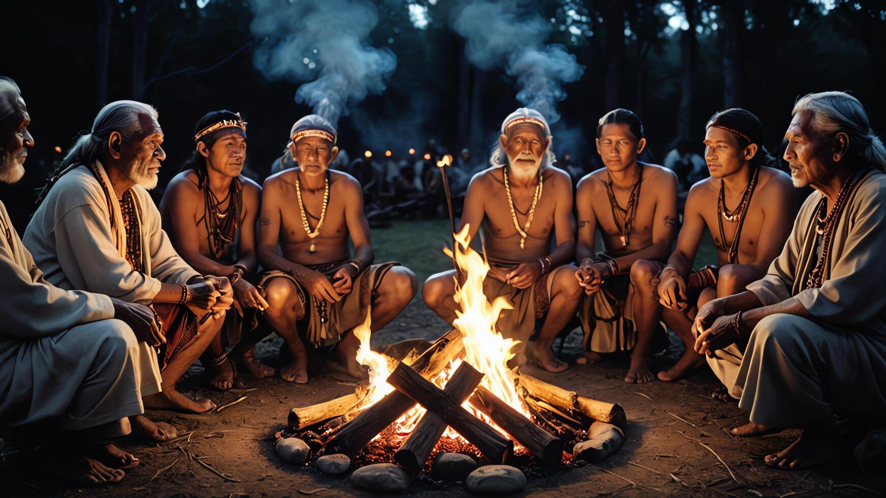 a group of men from an inland tribe were sitting around a campfire photo