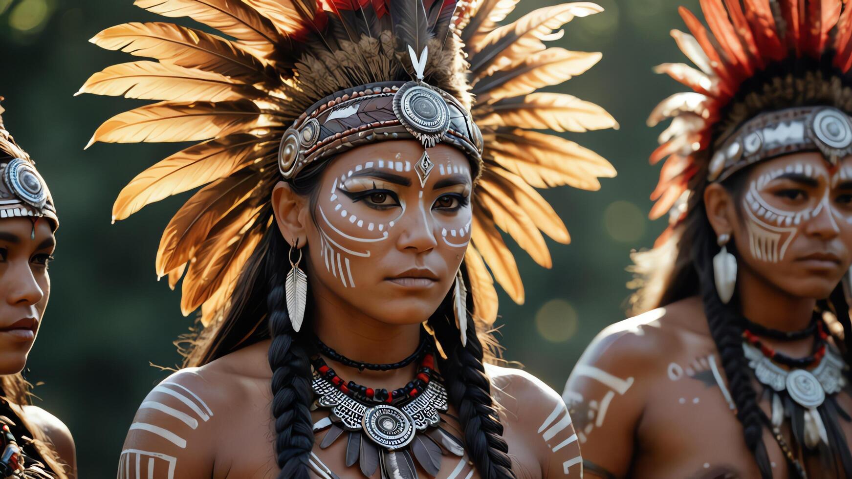 women in native headdrere with feathers and feathers photo