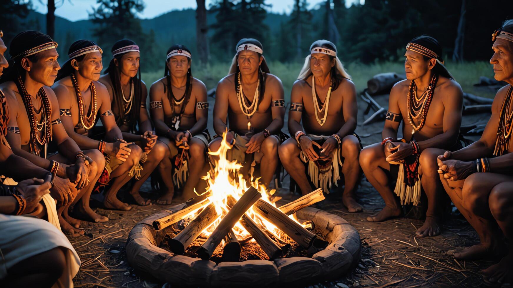 a group of men from an inland tribe were sitting around a campfire photo
