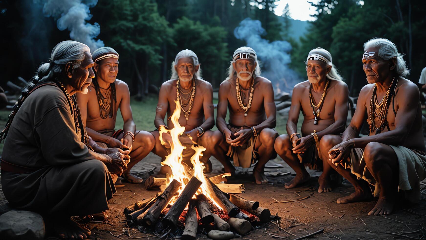 a group of men from an inland tribe were sitting around a campfire photo