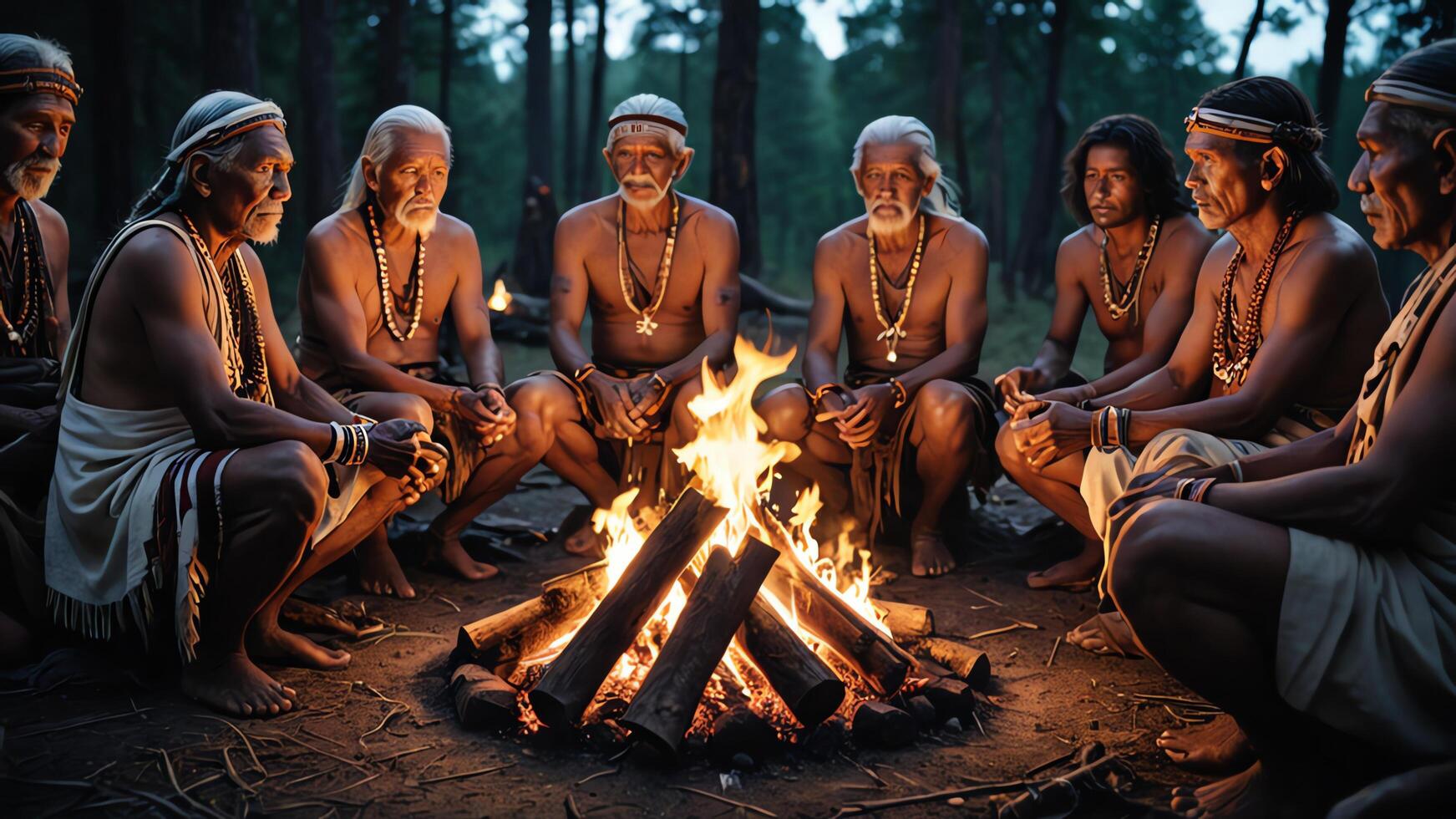 a group of men from an inland tribe were sitting around a campfire photo