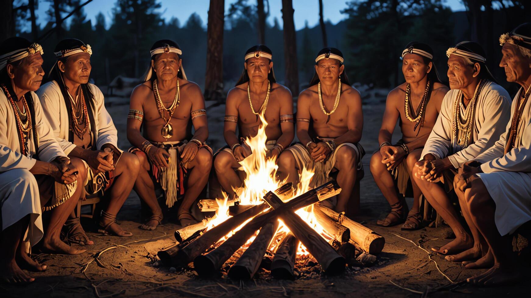 a group of men from an inland tribe were sitting around a campfire photo