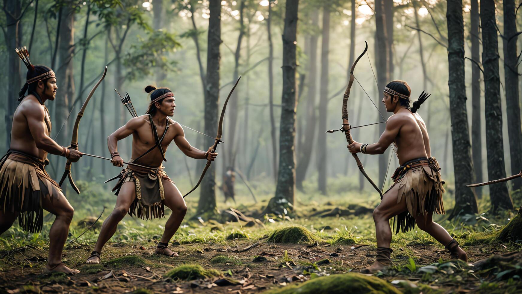 view of a group of inland tribal men practicing war, with a beautiful forest photo