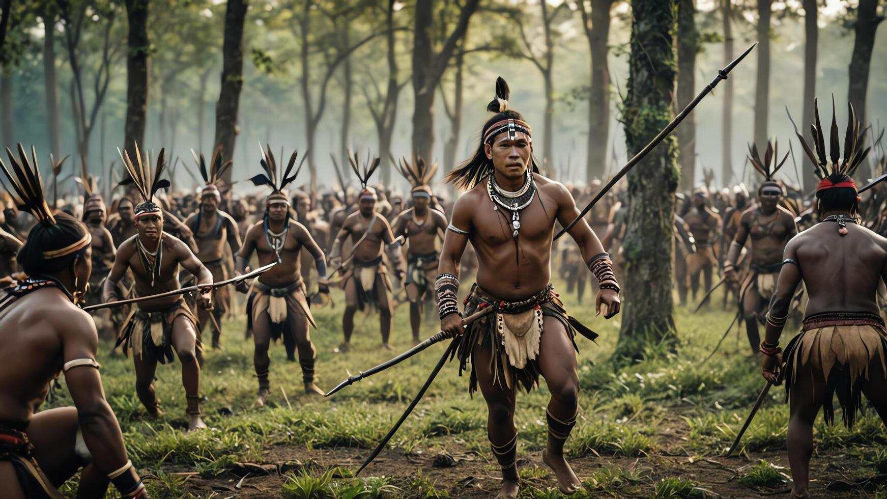 view of a group of inland tribal men practicing war, with a beautiful forest photo