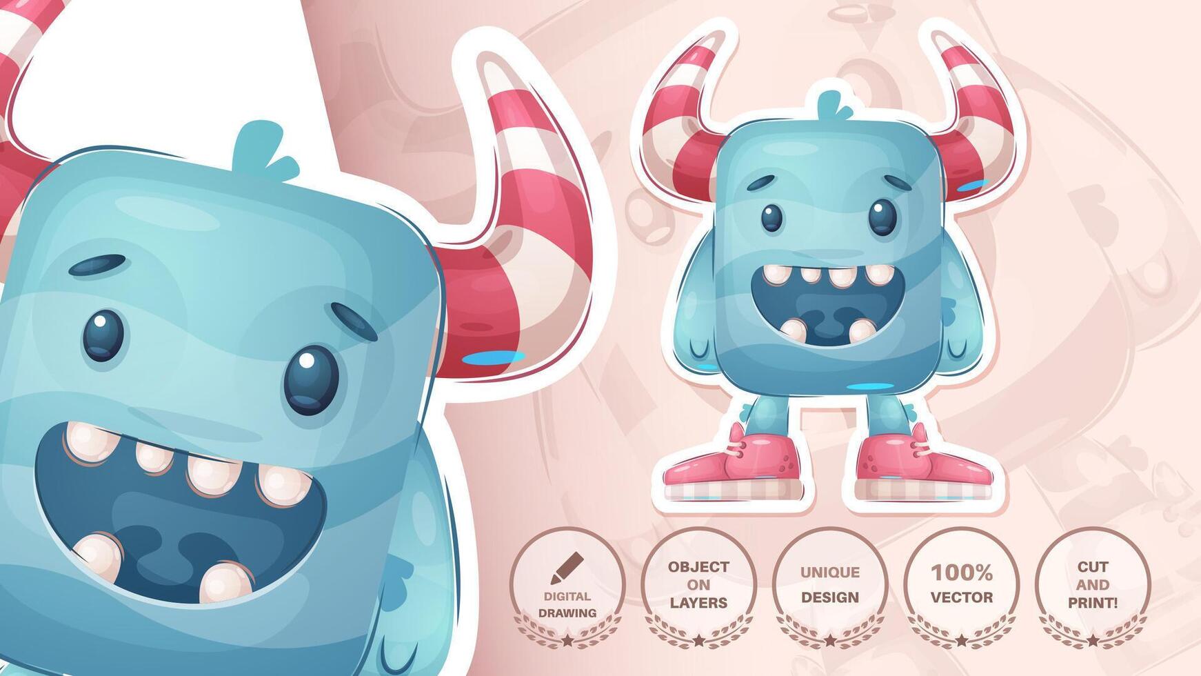 Blue Monster Sticker. Animal Cartoon Character. Childish Illustration. Hand Drawn Style vector