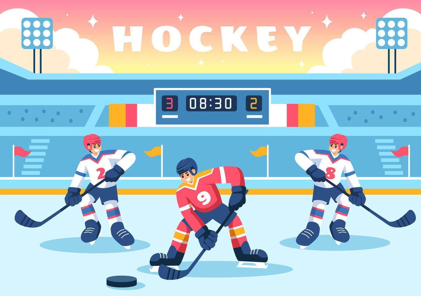 Ice Hockey Player Sport Illustration featuring a Helmet, Stick, Puck, and Skates on an Ice Surface for Game or Championship in a Flat Cartoon vector
