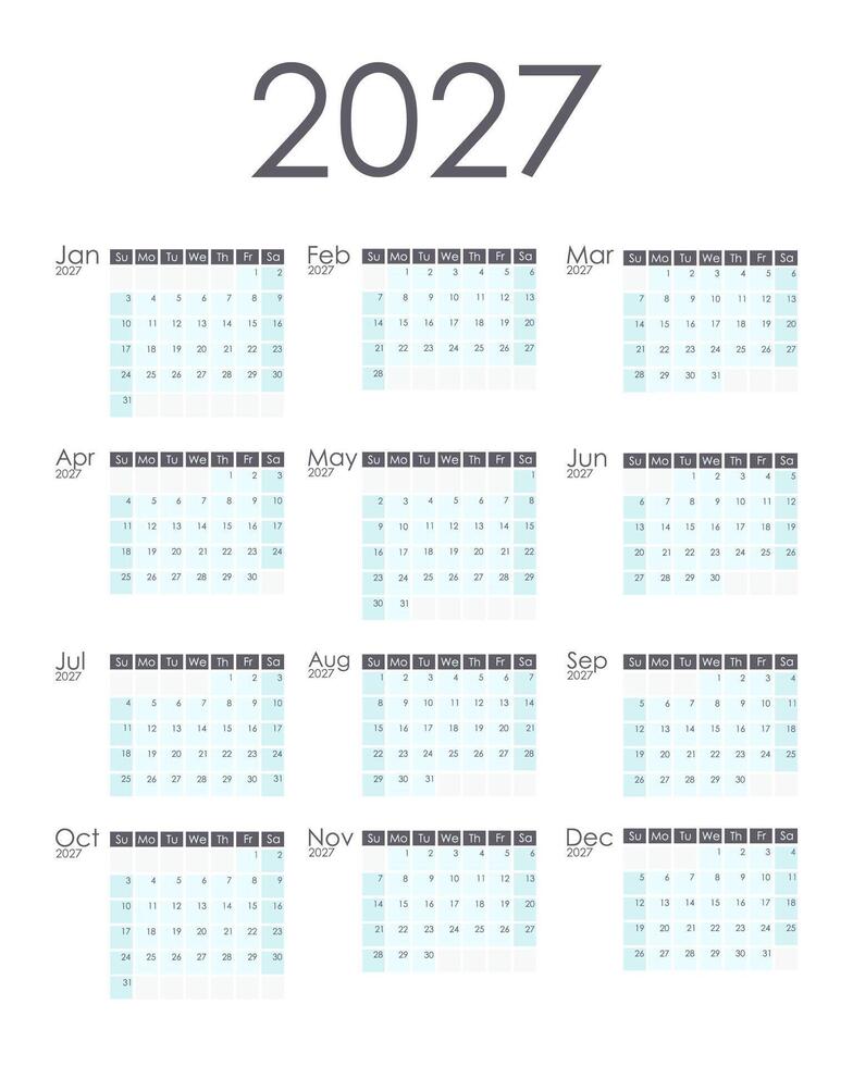 Calendar 2027 vertical. Week starts on Sunday. vector