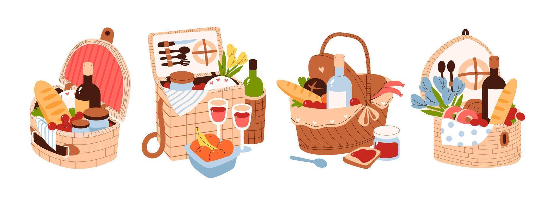 Various wicker picnic baskets with food set. Outdoor recreation. Hamper with food and drinks. vector