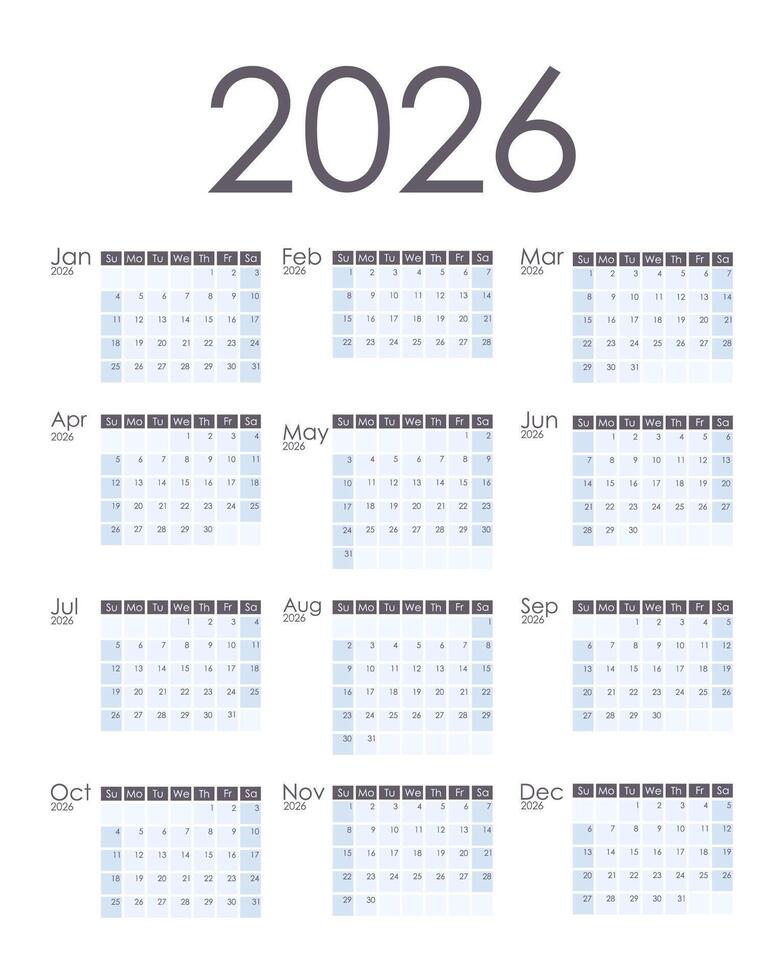 Calendar 2026 vertical. Week starts on Sunday. vector