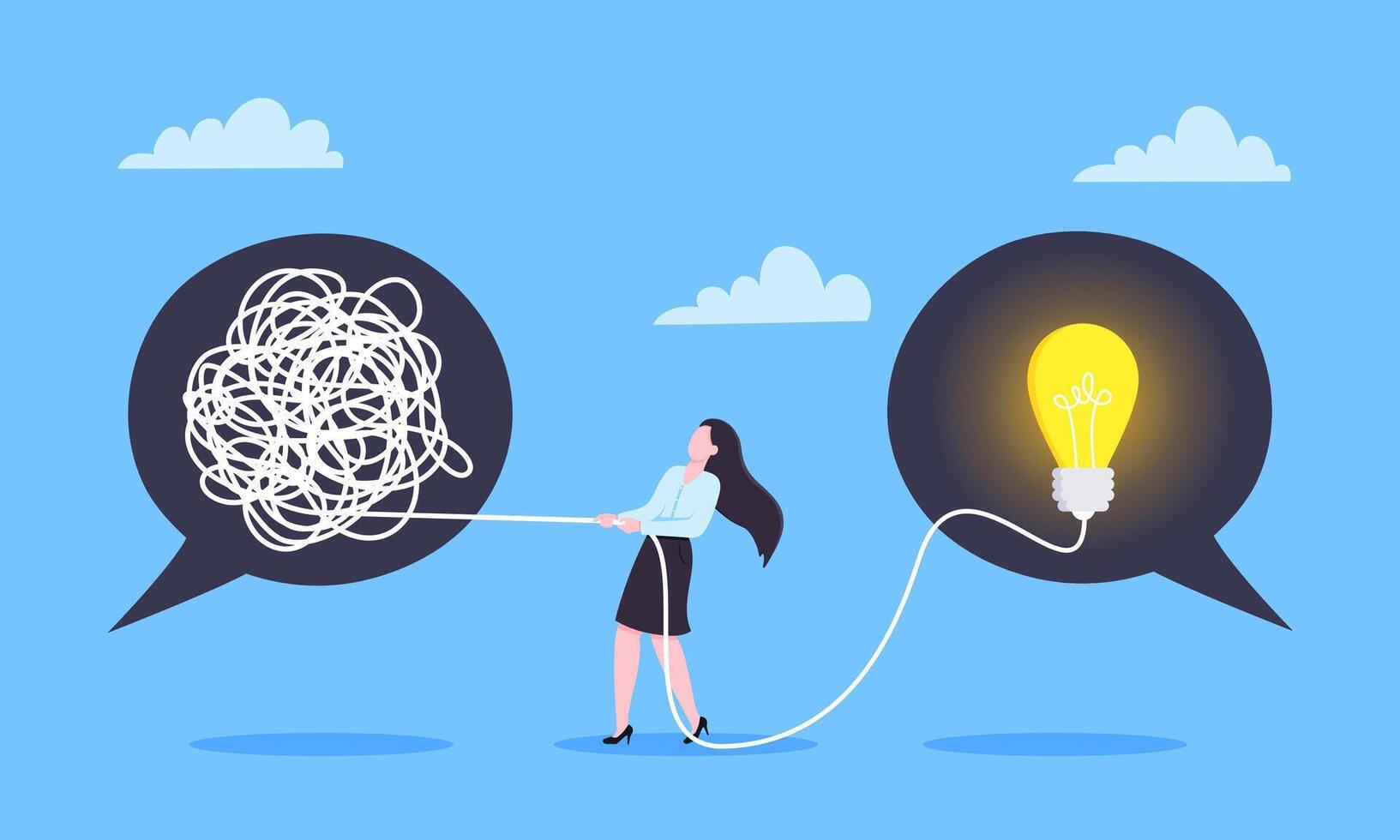 Unravel business chaos process with tangle difficult problem mess business concept. vector