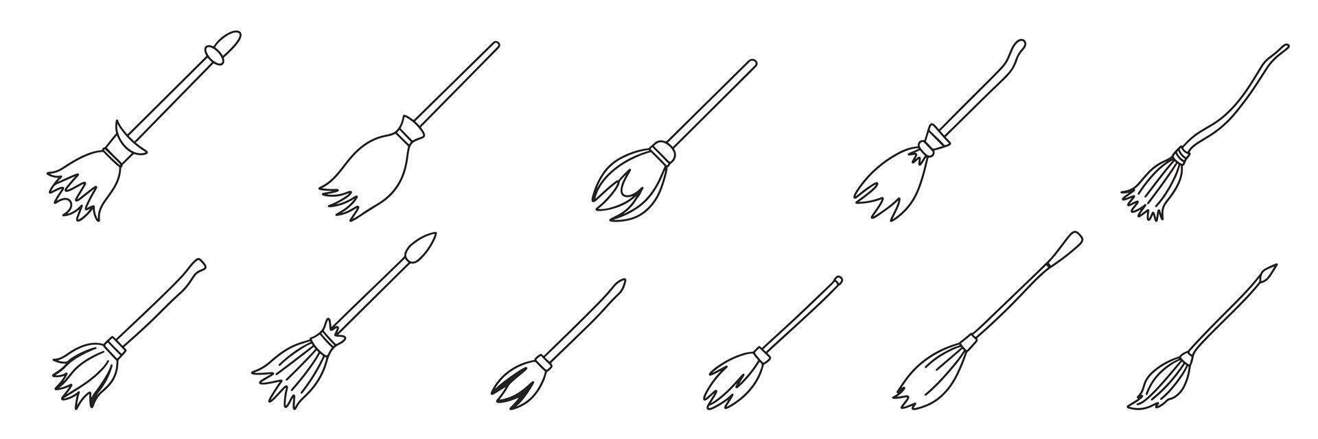 Collection of doodle broomstick isolated. Hand drawn art. vector