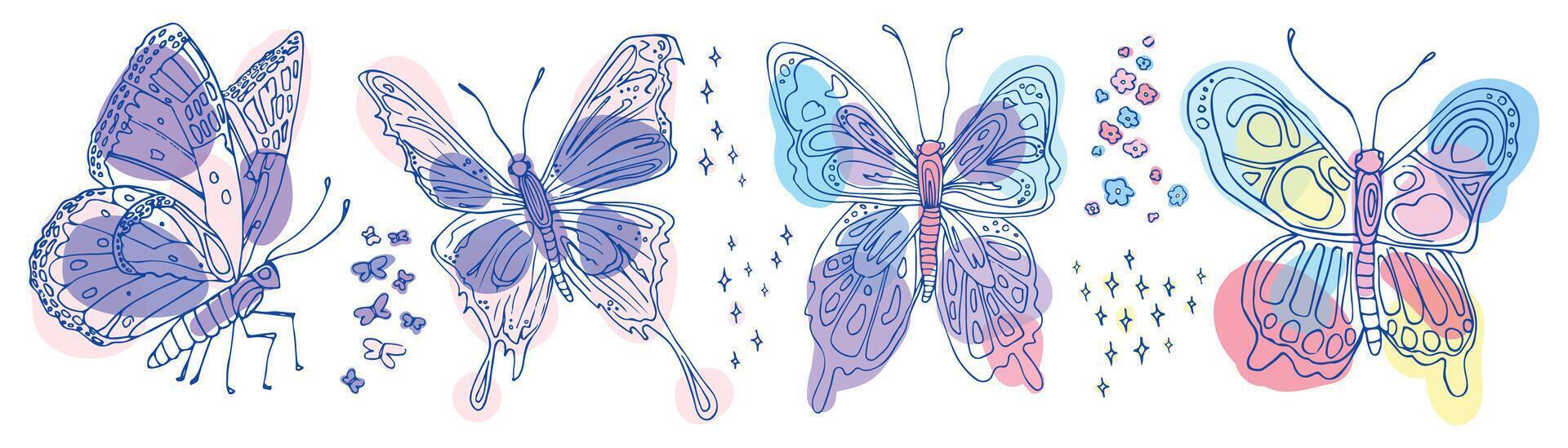 Colorful butterfly illustrations with intricate patterns, flowers, and sparkles in a whimsical style. vector