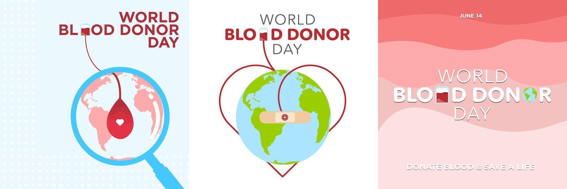 World Blood Donor Set. Social Media Square format. Blood transfusion concept under magnifying glass and drop. Transfusion to earth icon with heart. Blood Bag cute typography. vector