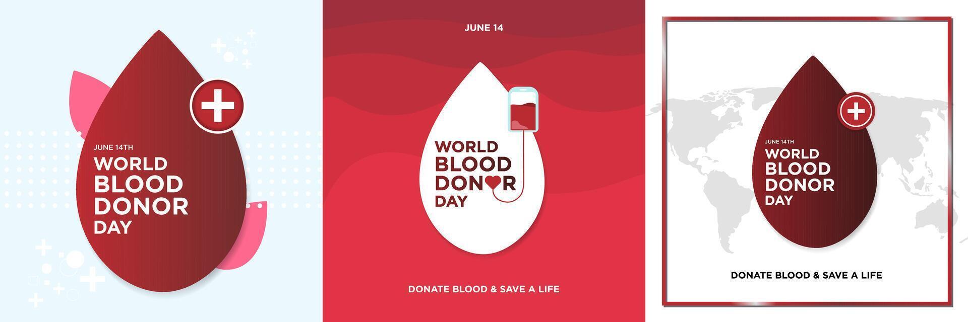 World Blood Donor Day Set. June 14. Emblem of blood drop on blue. Blood drop icon on world map. Blood bag transfusion to heart on white and red background. Illustration. Square vector