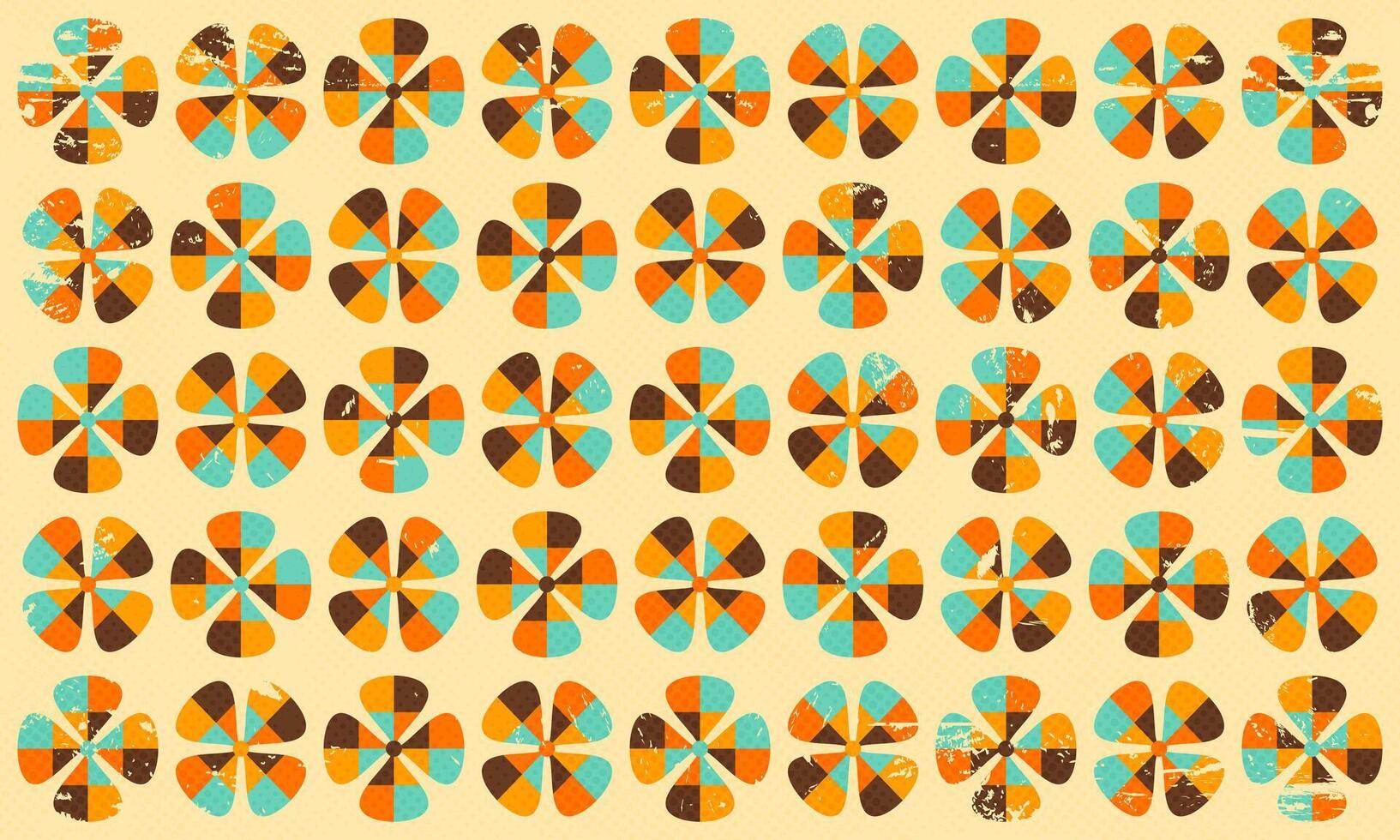 Vintage Retro Floral Flower Pattern Scratched Damaged Aged Abstract Nostalgic Art Wallpaper 60s 70s Illustration with Halftone Texture vector