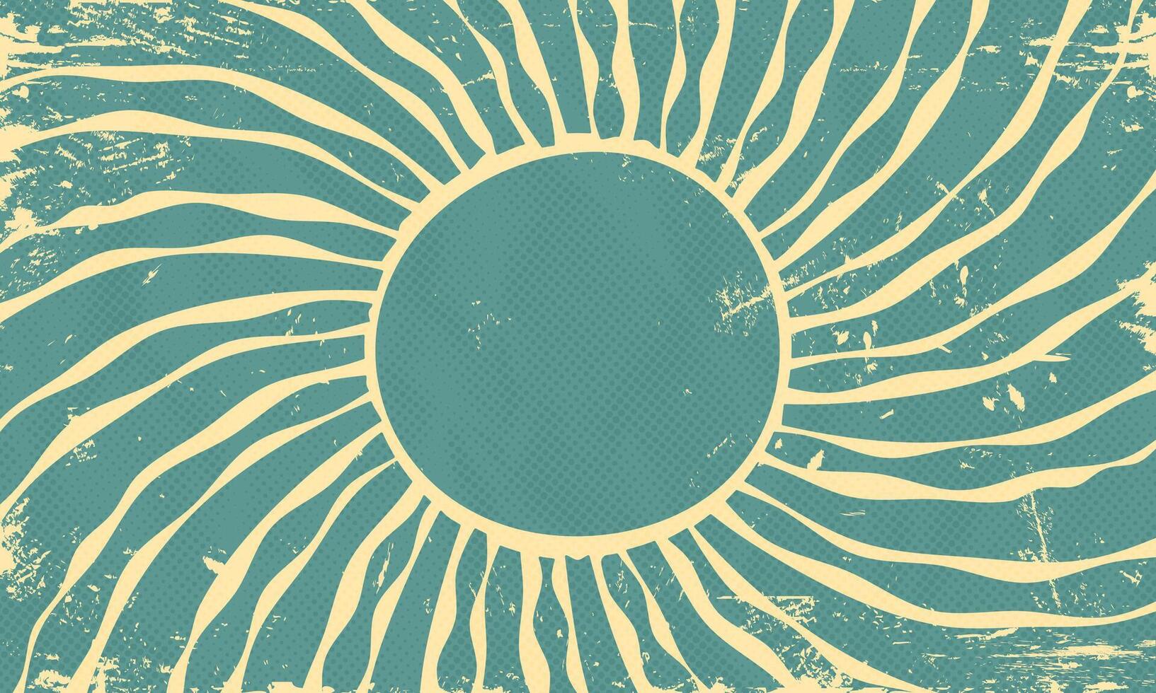 Retro Vintage Scratched Damaged Aged Sun Wallpaper Groovy Hand Made Wavy 60s 70s Sunburst Illustration with Halftone Texture Hippie Decoration vector