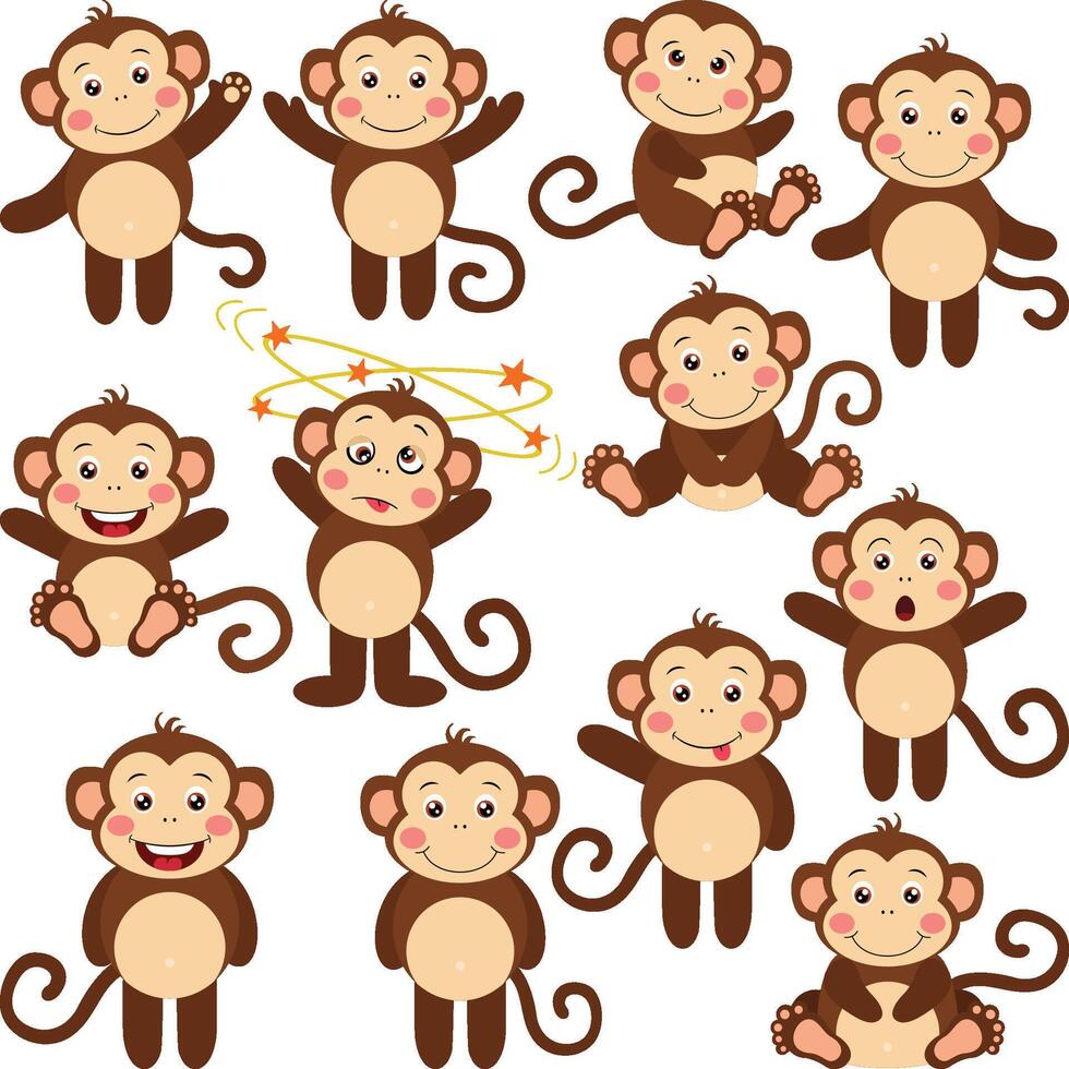 Set digital collage of cute monkey vector