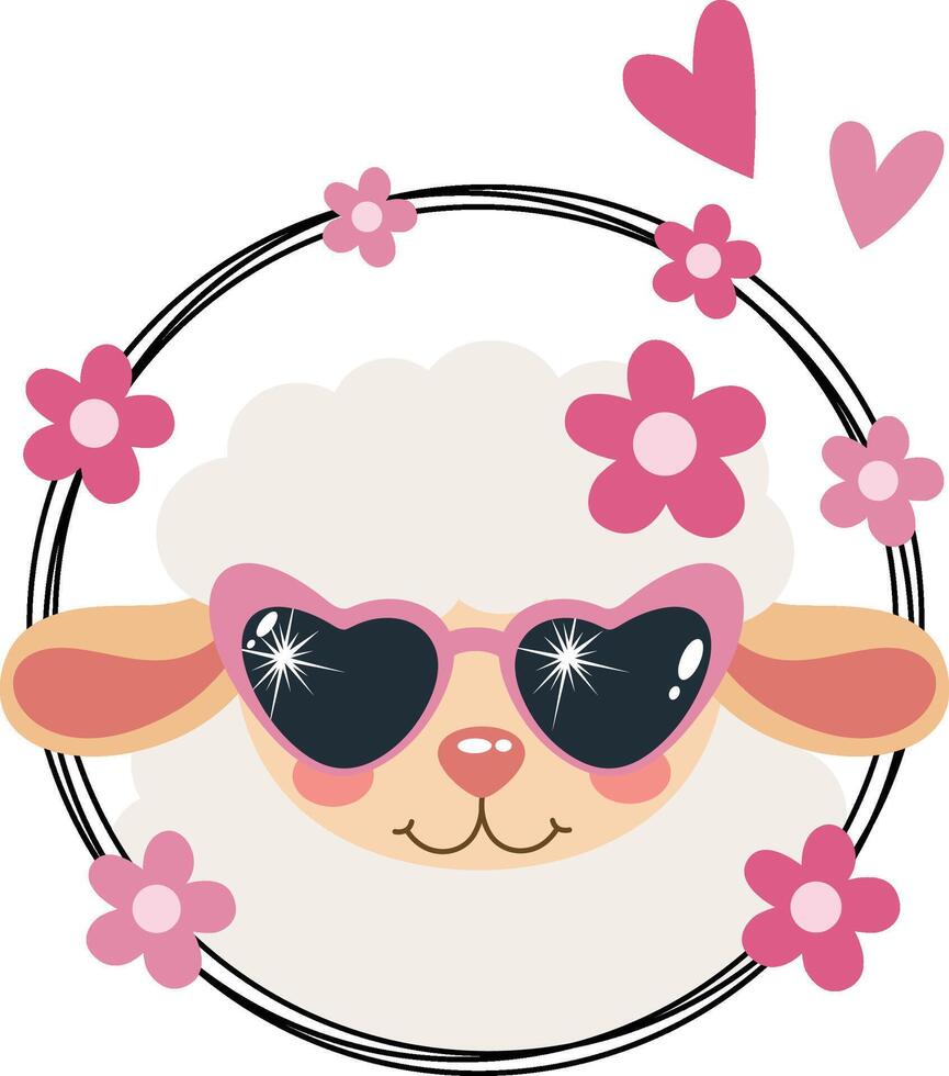Cool super star sheep in round frame with flowers vector
