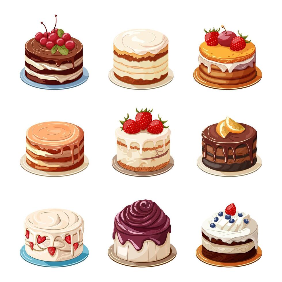 A set of cakes with chocolate and white icing decorated with berries. Illustration on a white background. vector