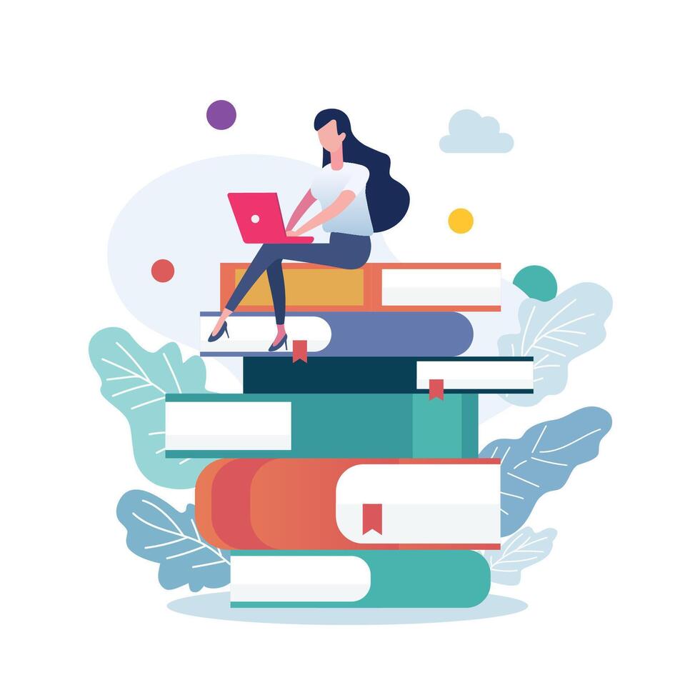 Woman in casual clothes working on laptop computer while sitting on books vector