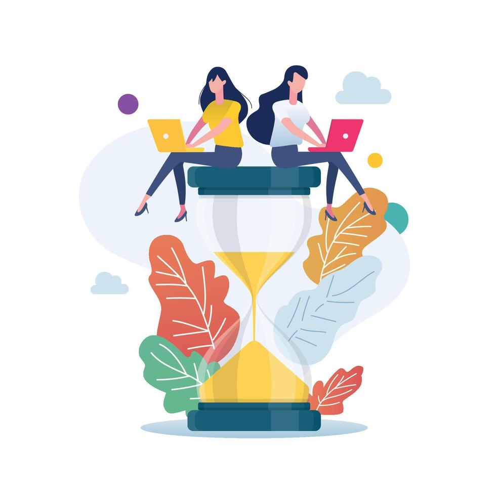 Two women sitting on an hourglass and working on laptop. Deadline and time management concept vector