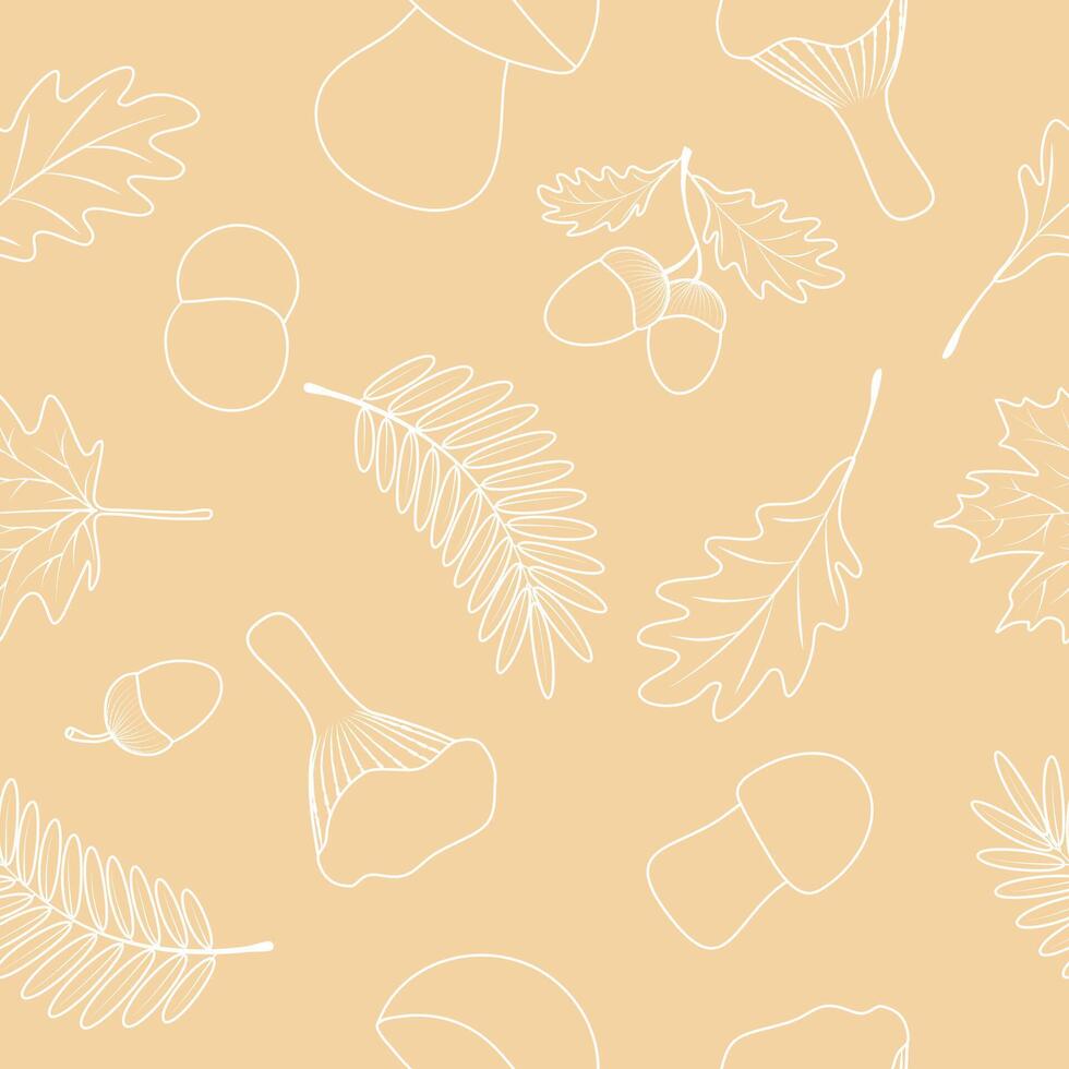 Seamless pattern with maple leaves, acorns, oak leaves, rowan leaves, ceps, mushrooms on beige background. vector
