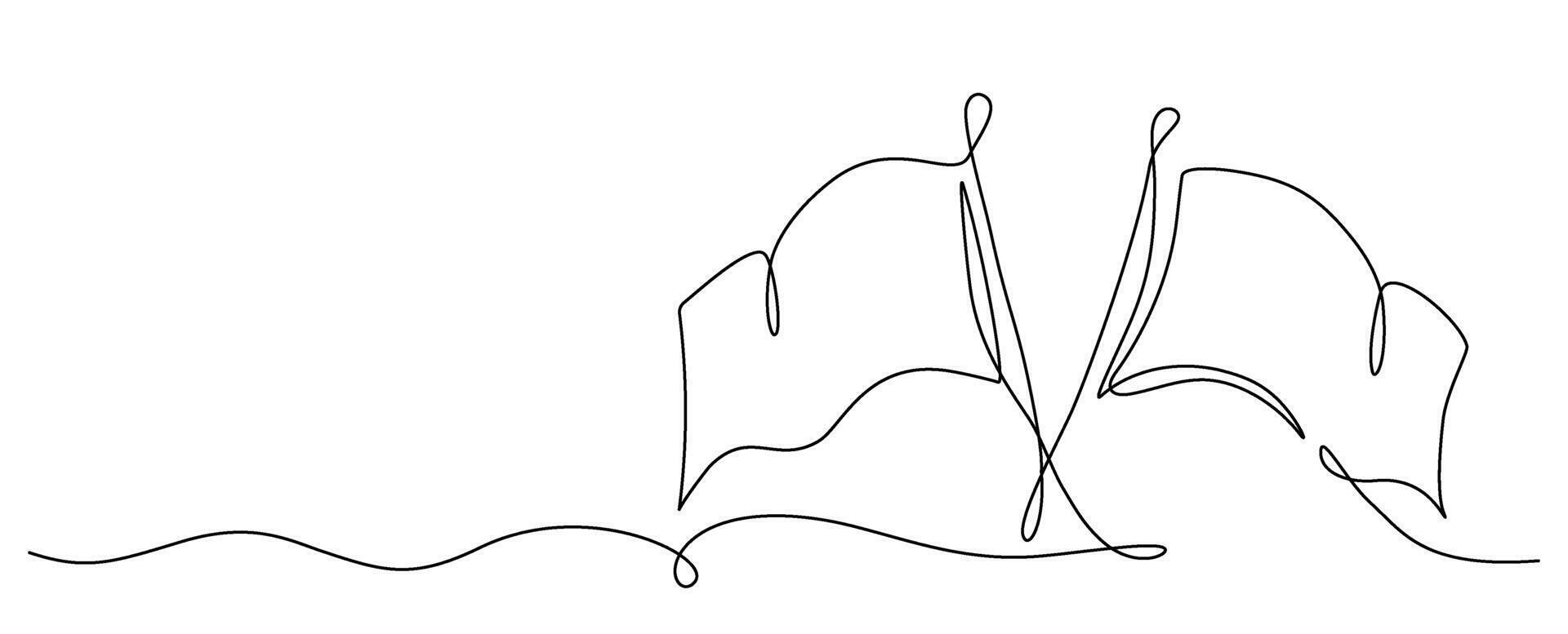 Crossed flags single line art drawing black and white border design vector