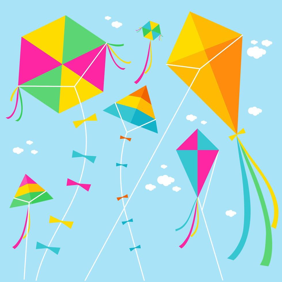 Beautiful colorful kites and clouds in the sky. Kites of various shapes and colors fly in the blue sky. vector