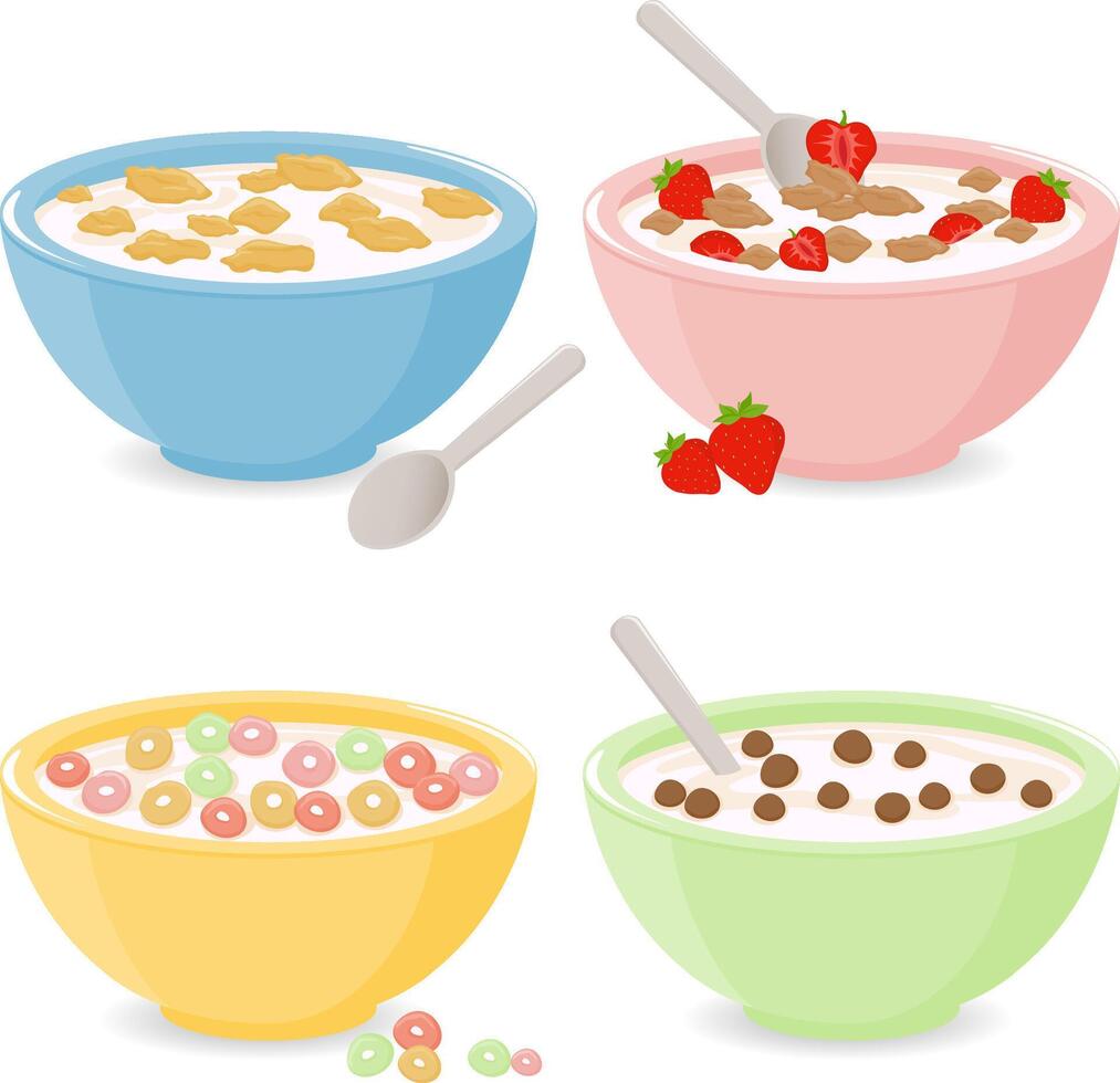 Set of bowls of breakfast cereal in different flavors. Cereal breakfast bowl set, cornflakes with milk. Corn flakes and porridge oatmeal. vector