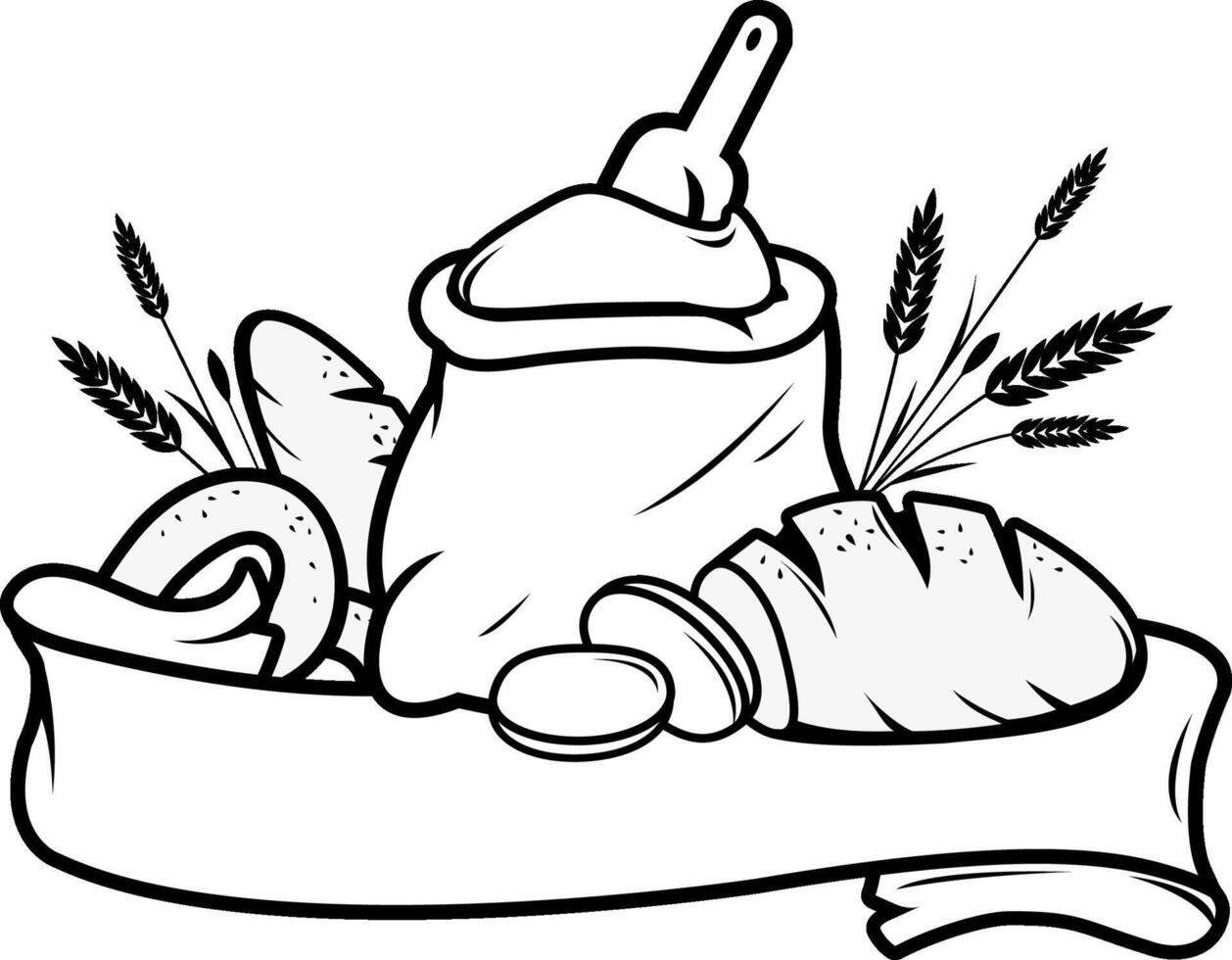 Baker shop ribbon signage. Bakery shop sign with sack of flour, loafs of bread, sliced bread and barley on blank banner. Black and white illustration vector