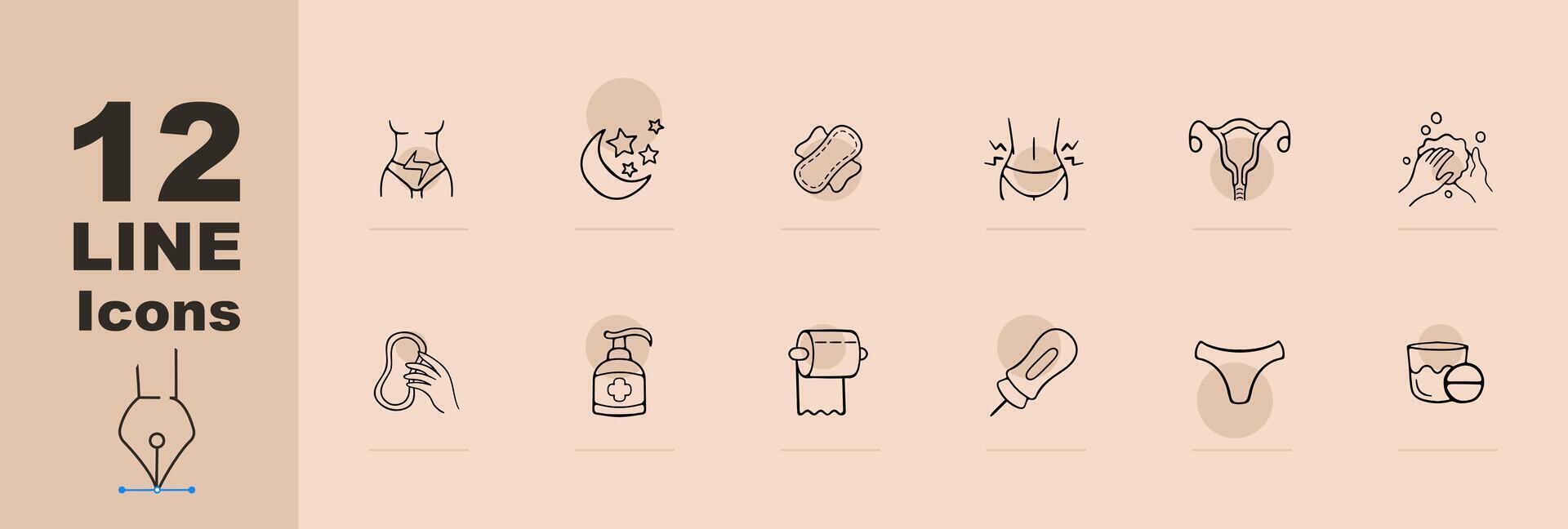 Menstruation icon set. Period products, menstrual cycle, cramps, pads, tampons, menstrual cup. Pain relief concept. Pastel color background. line icon for Business vector