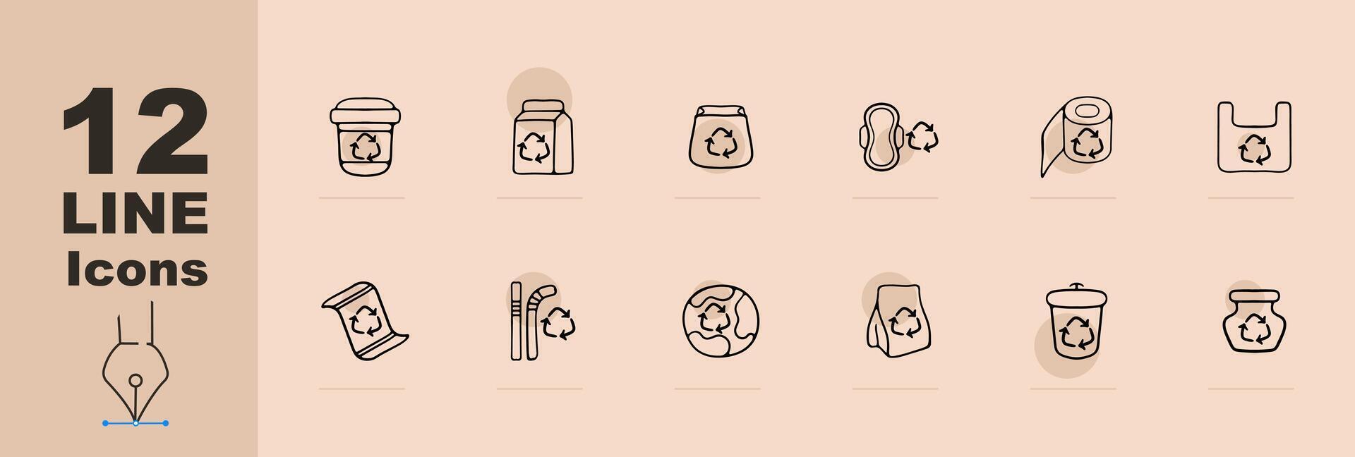 Set of recycling icons. Eco-friendly waste management symbols, recycling bins, sustainable practices. Green lifestyle concept. Pastel color background. line icon for Business vector