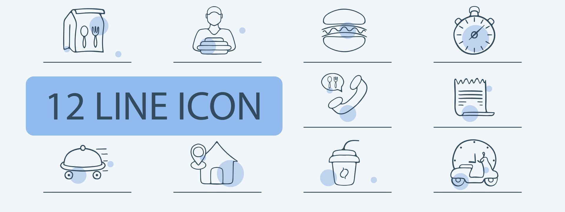Food delivery icon set. Delivery person, food package, restaurant, online ordering, fast delivery. Contactless delivery concept. 12 line icon vector