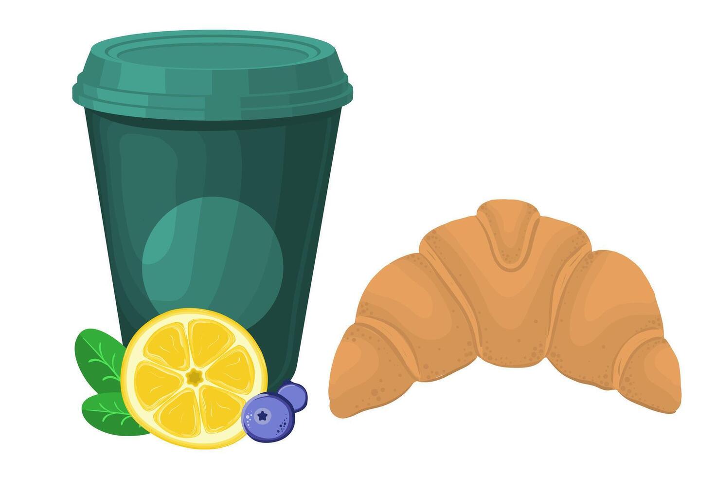 A illustration of a cup of tea with a lemon slice and a croissant, perfect for breakfast or a morning snack. illustration vector