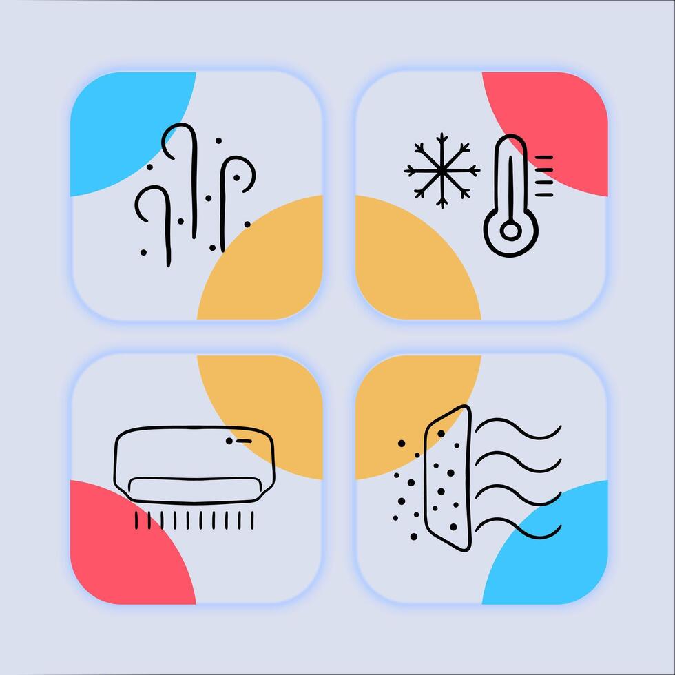 Cooling in hot weather icon set. Refreshing breeze, ice cubes, fans, sunglasses. Cold beverages concept. Neomorphism style. line icon for Business vector