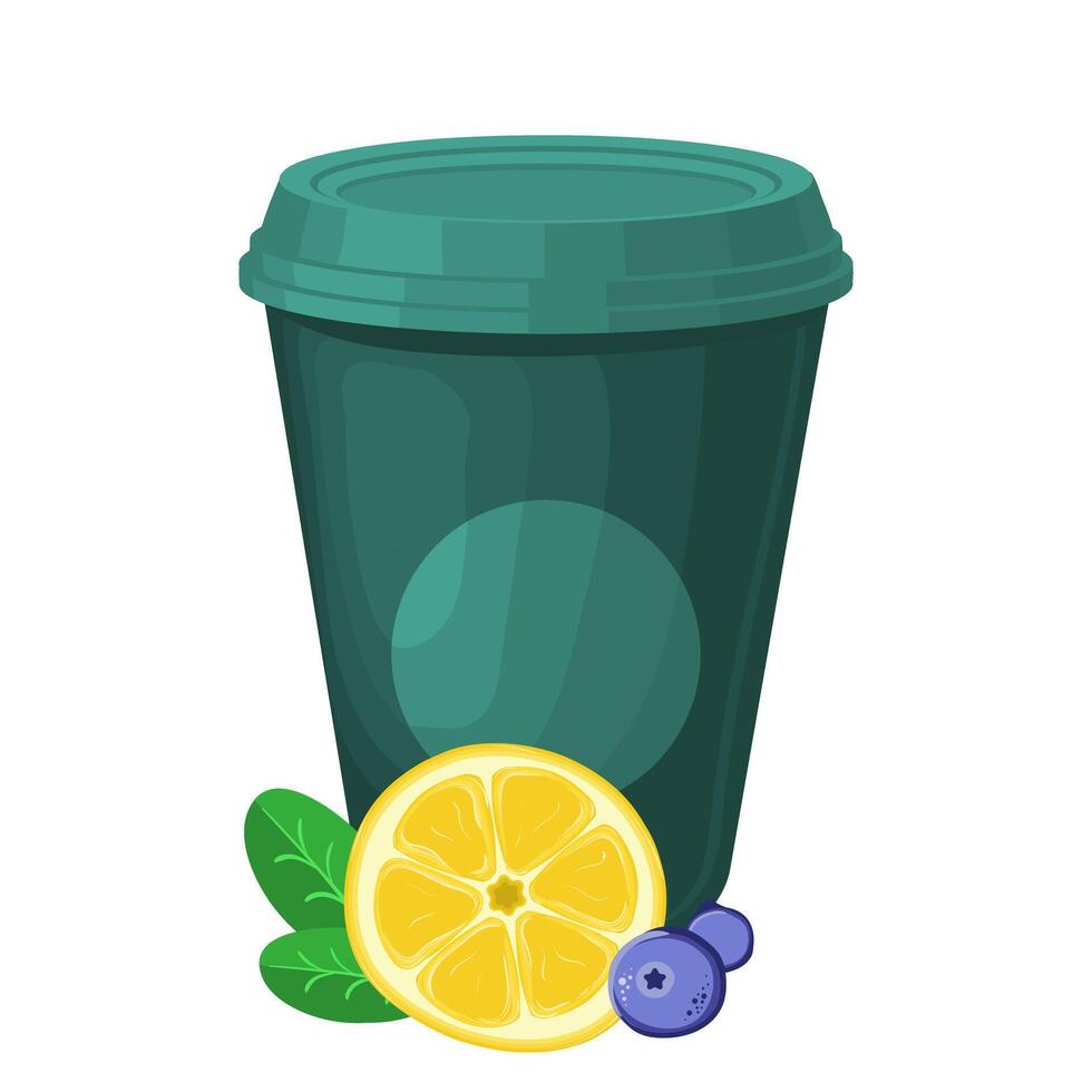 A illustration of a green paper cup with a design featuring mint leaves, lemon slices, and blueberries. illustration vector